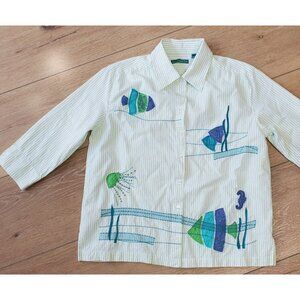 VTG Embroidered Fisherman Nautical Top Button Up Womens S Beach Striped Cotton